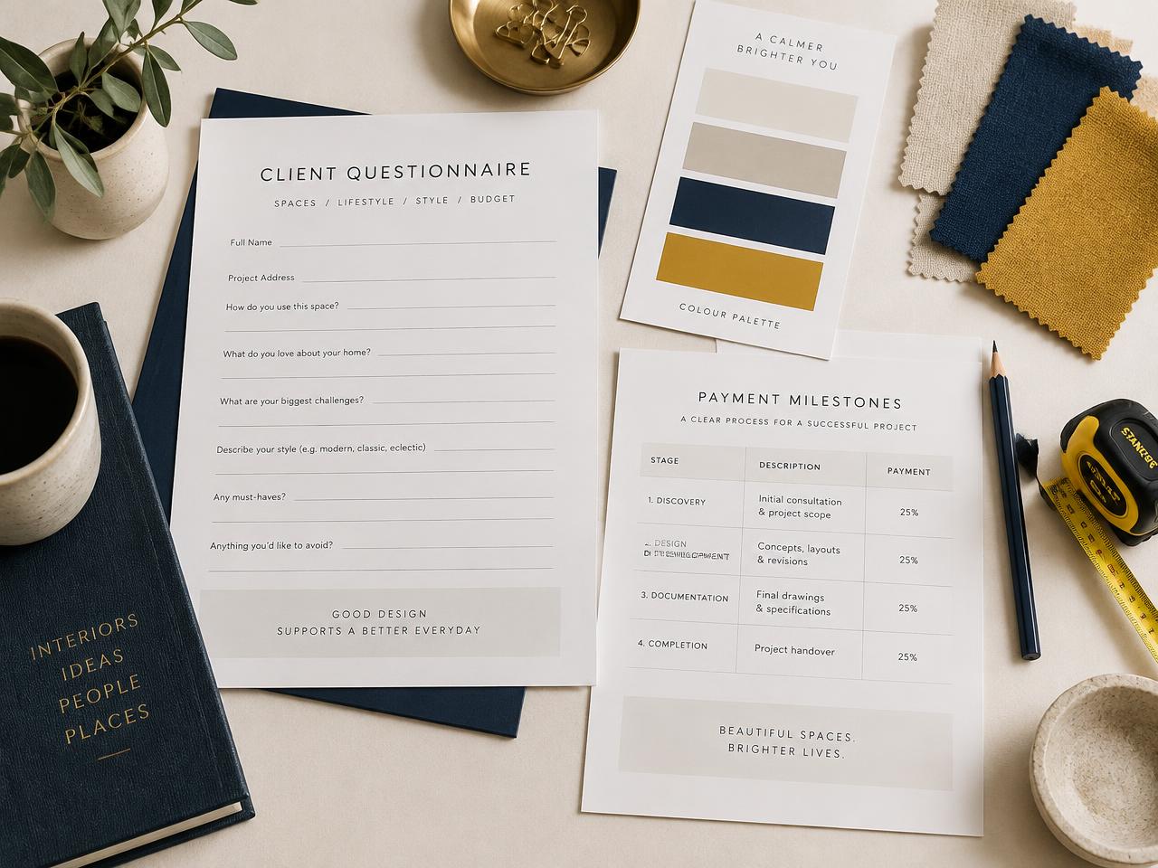 Client questionnaire and payment milestone sheets laid out on a desk
